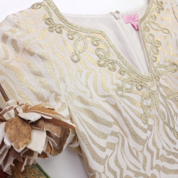 New Lilly Pulitzer Cream Gold Embroidered Metallic Dress Sz 2 - Picture 3 of 13